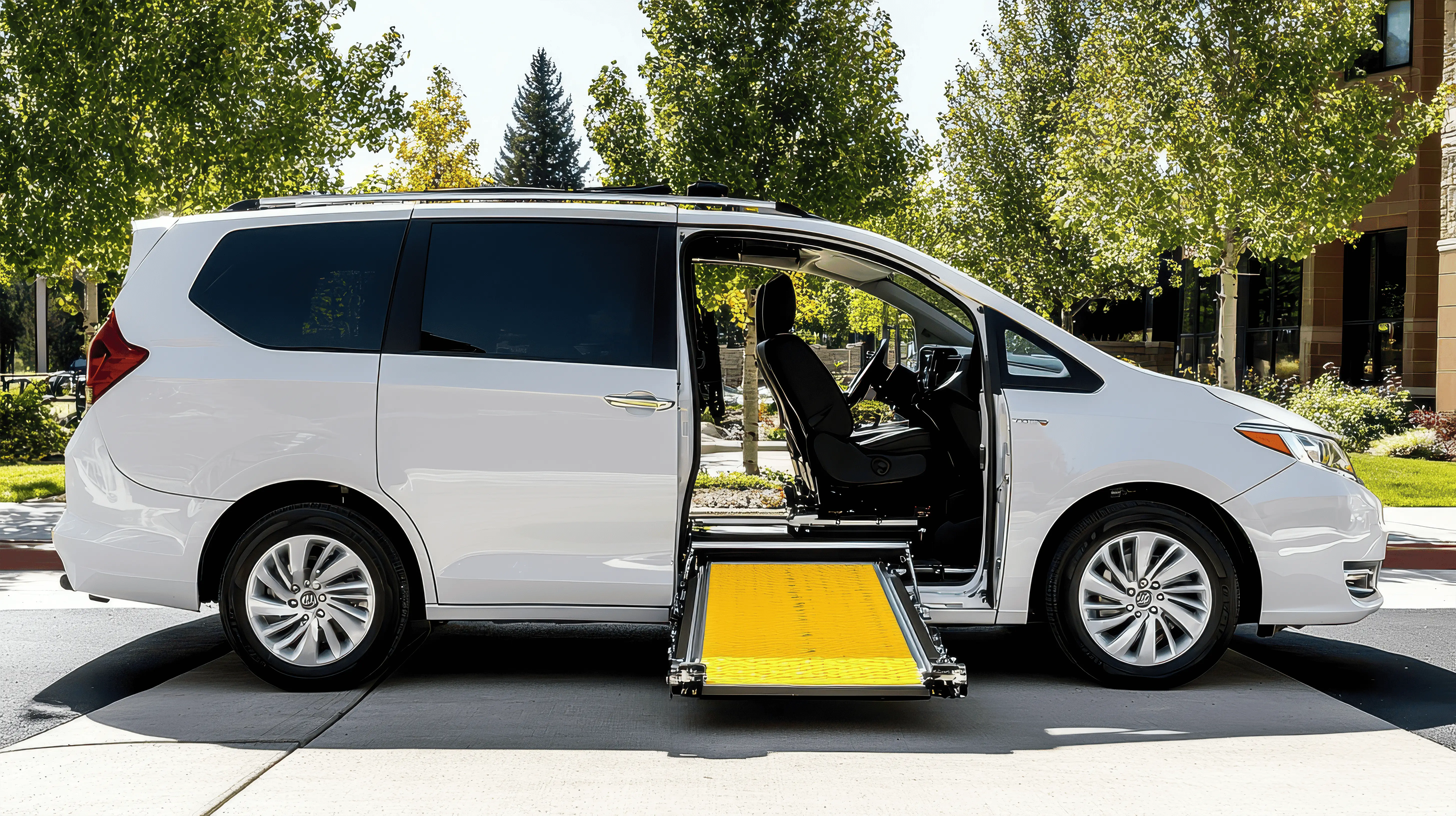 Side view of wheelchair-accessible van with ramp deployed by Safe Link Transport – Non-Emergency Medical Transportation for seniors in Seal Beach, CA